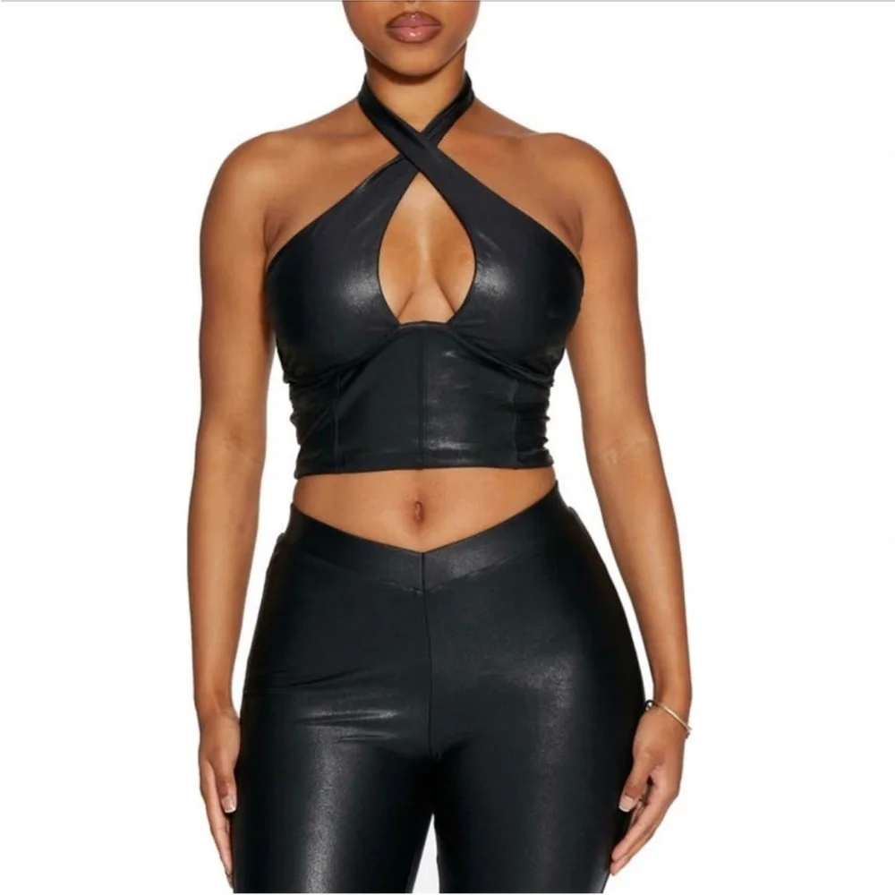 Naked Wardrobe | Drip Crossover Halter Crop Black Top Size L - Picture 3 of 13